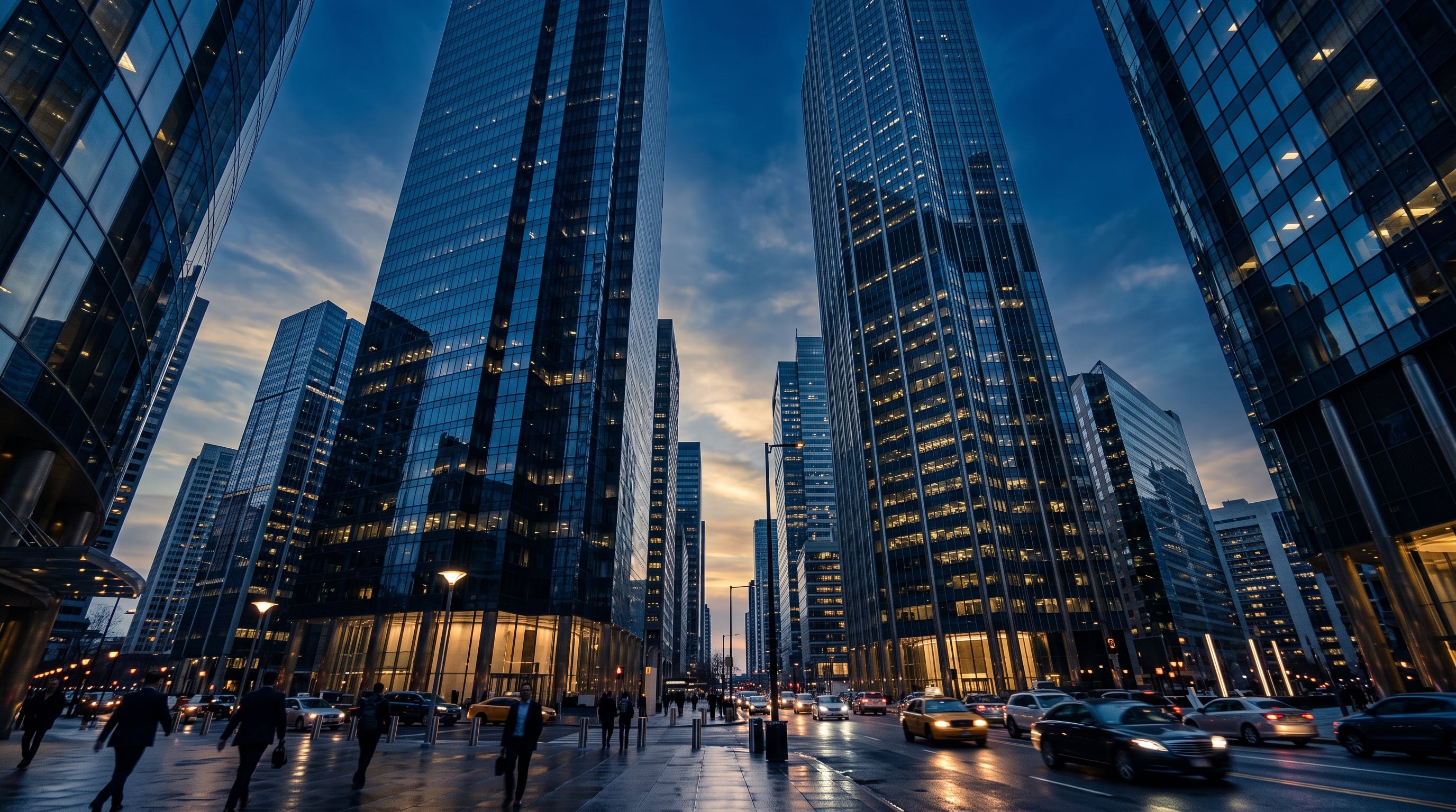 Distrito financeiro corporativo ao entardecer